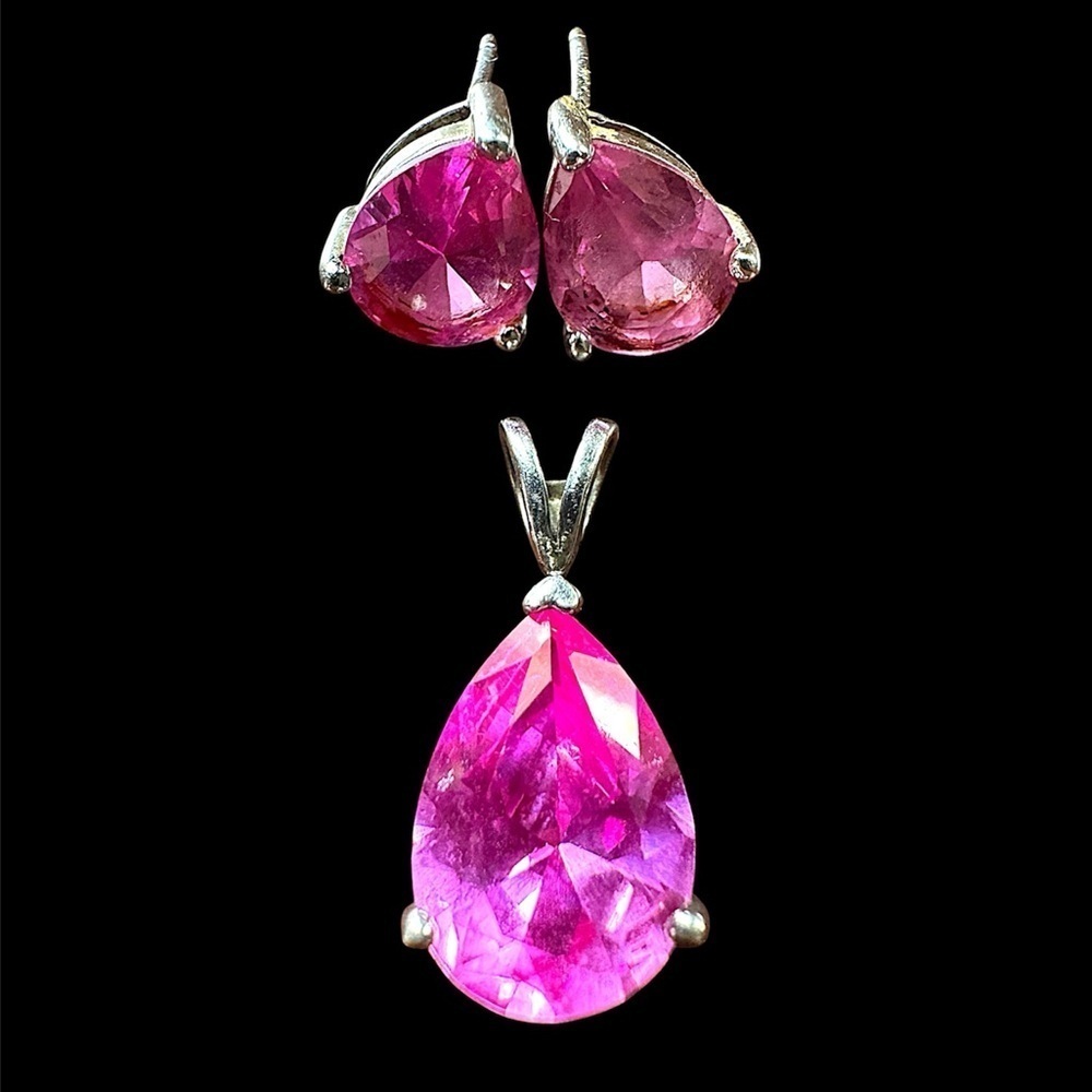 Sterling Silver Lab Created Ruby Earrings and Pendant SET Fuchsia Pink